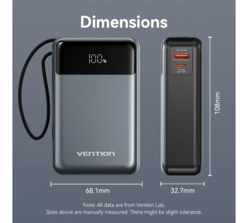 Power Bank Vention 20000mAh(USB-C + USB-C/USB-A) со встроенным кабелем 65W с LED Дисплеем, шт. Power Bank Vention 20000mAh(USB-C + USB-C/USB-A) со встроенным кабелем 65W с LED Дисплеем, шт.