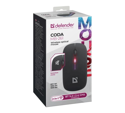 Беспроводная оптическая мышь Defender 52261 Coda MB-261 черн,2.4ГГц+BT,радужн,300мАч Беспроводная оптическая мышь Defender 52261 Coda MB-261 черн,2.4ГГц+BT,радужн,300мАч