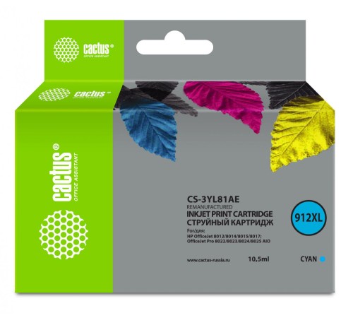 -/ Картридж струйный Cactus CS-3YL81AE 912XL голубой (10.5мл) для HP OfficeJet 8012/8014/8015/8017;Offi