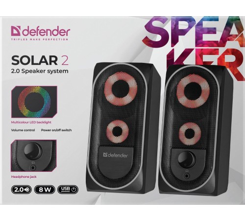 Defender Акустическая 2.0 система Solar 2 8Вт, подсветка, питание от USB