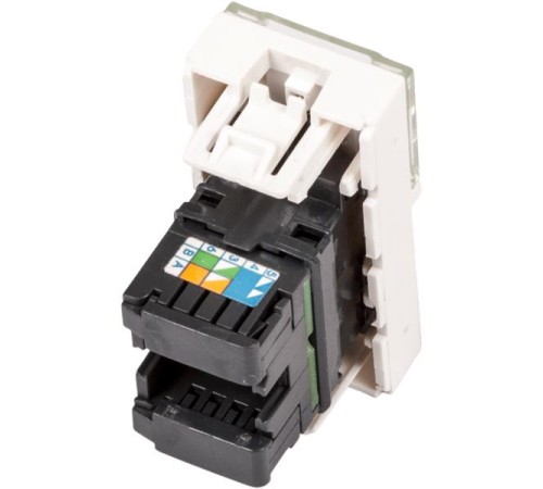 Вставка Mosaic 22.5x45, RJ-45 UTP, кат.6, со шторкой и увеличенным окном маркировки, белая Вставка Mosaic 22.5x45, RJ-45 UTP, кат.6, со шторкой и увеличенным окном маркировки, белая
