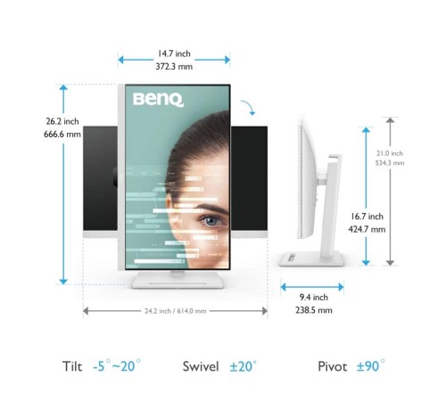 Мониторы/ Benq GW2790QT 27'', 2560x1440, IPS,  60Hz, 20M:1, 250cd, 5ms, 2*HDMI, DP, USB-C (65W)Speakers, Height adj 110, Pivot, Flicker-free; Low Blue Light, 3Y, White