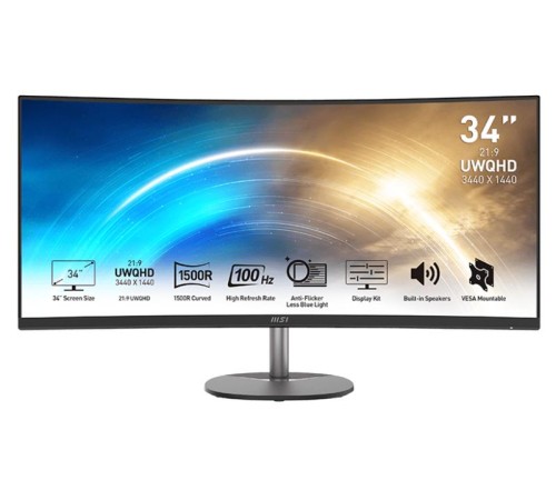 Монитор MSI PRO MP341CQ 34" 21:9 UWQHD(3440x1440) VA Curve1500R,1ms(MPRT),3000:1,100M:1,300nit,178/178,2xHDMI 2.0,DP 1.2,Tilt,Speaker,VESA,100Hz,Black,1y war-ty