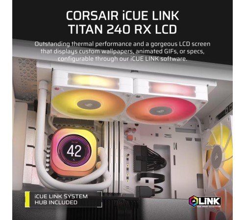 Система жидкостного охлаждения/ Water Cooling System Corsair iCUE LINK TITAN 240 RX LCD (240mm, White, RGB/ Fans: 2x120mm, 73.5CFM, 36dBA, 2100RPM/ S: 1851, 1700, AM5, AM4) Система жидкостного охлаждения/ Water Cooling System Corsair iCUE LINK TITAN 240 RX LCD (240mm, White, RGB/ Fans: 2x120mm, 73.5CFM, 36dBA, 2100RPM/ S: 1851, 1700, AM5, AM4)