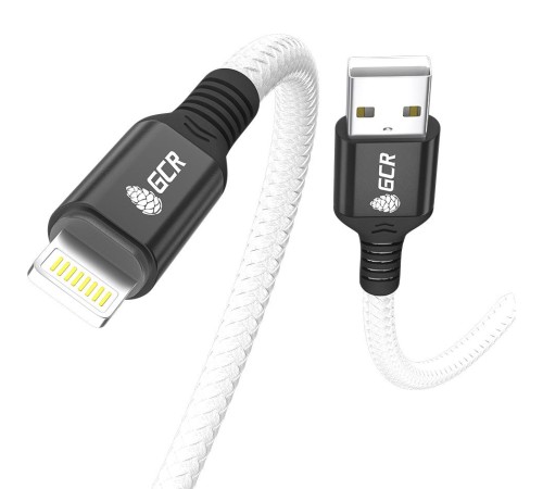 GCR Кабель PREMIUM 1.2m для iPhone, iPad, Air, AM/Lightning, MFI, белый нейлон, AL case черный, 28/24 AWG, GCR-53447