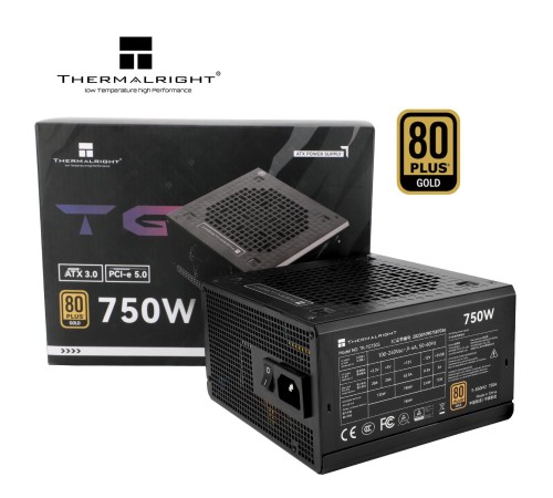 Блок питания ПК/ Power Supply Thermalright, 750W 80+ Gold (ATX, 3.0, PCIe 5.0, Non-modular, 1x24(20+4)pin, 1xCPU 8(4+4)pin, 2xPCIe*2 8(6+2)pin, 5xSATA3, 1x12+4pin (12VHPWR PCIe 5.0 12+4pin 600mm), 3xMOLEX4pin, Active, 120x120mm, 150x140x86mm, APFC, black)