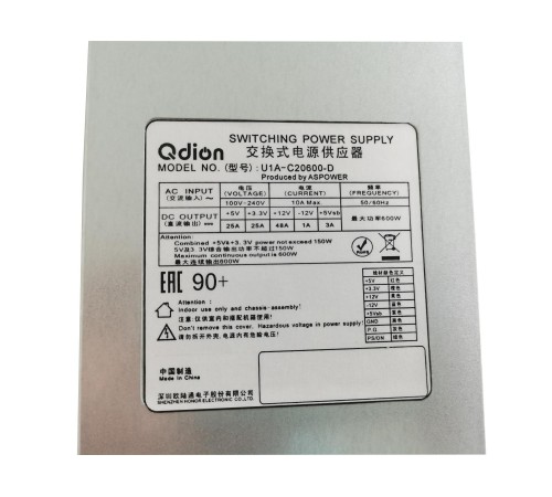 Серверный блок питания/ Server power supply Qdion Model PSR1-0600-C P/N:7300600PSR0002 1U Single Server Power 600W Efficiency 90+, Cable connector: C14 [U1A-C20600-D/99SAC20600I1170112]