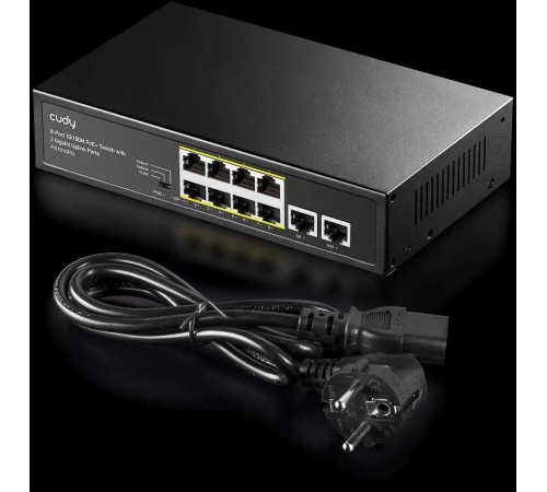 Коммутатор/ 8-Port 10/100M PSE RJ-45 +2 RJ45 10/100/1000M Uplink Port Unmanaged PoE+ Switch 120W, CCTV/VLAN mode support, long distance:250M at CCTV mode. Support PD Alive Function, ±4 KV Surge Protection, 802.3af/at standard, Alternative 1/2(+),3/6(-) Коммутатор/ 8-Port 10/100M PSE RJ-45 +2 RJ45 10/100/1000M Uplink Port Unmanaged PoE+ Switch 120W, CCTV/VLAN mode support, long distance:250M at CCTV mode. Support PD Alive Function, ±4 KV Surge Protection, 802.3af/at standard, Alternative 1/2(+),3/6(-)