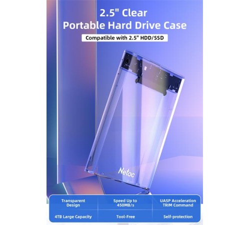 Внешний корпус для диска HDD/SSD Netac WH11 2.5 SATA to USB3.0 External HDD/SSD Case, Slide Transparent Cover, with USB3.0 C to C cable
