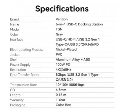 Мультифункциональный хаб Vention USB-C 6 в 1, шт. Мультифункциональный хаб Vention USB-C 6 в 1, шт.