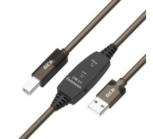 GCR Кабель активный 7.5m USB 2.0, AM/BM, черно-прозрачный, с усилителем сигнала, разъём для доп.питания, 28/24 AWG