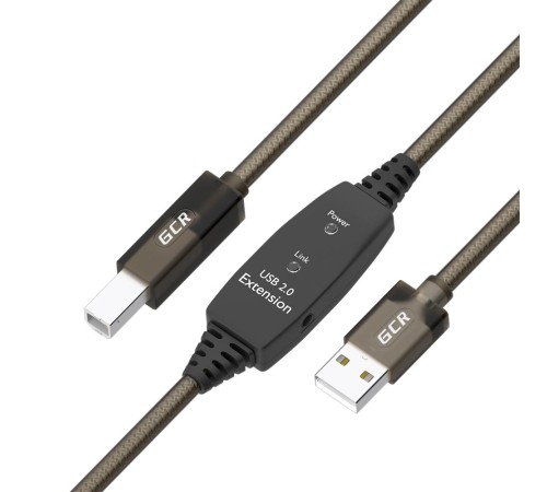 GCR Кабель активный 7.5m USB 2.0, AM/BM, черно-прозрачный, с усилителем сигнала, разъём для доп.питания, 28/24 AWG