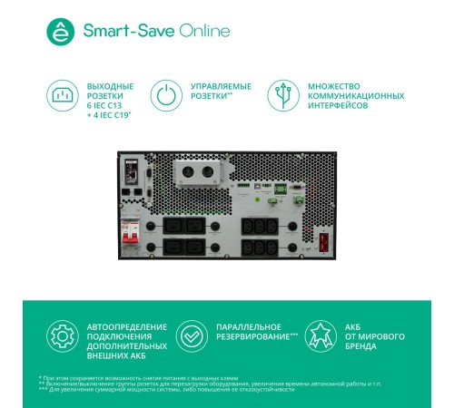 Источник бесперебойного питания Systeme Electric Smart-Save Online SRT 6000 ВА, конвертируемый форм-фактор 5U, 230 В, 1:1, клеммный вход/выход, 6 розеток IEC C13 и 4 розетки IEC C19, SmartSlot, LCD, USB HID, SNMP карта, версия с возможностью увеличения Источник бесперебойного питания Systeme Electric Smart-Save Online SRT 6000 ВА, конвертируемый форм-фактор 5U, 230 В, 1:1, клеммный вход/выход, 6 розеток IEC C13 и 4 розетки IEC C19, SmartSlot, LCD, USB HID, SNMP карта, версия с возможностью увеличения