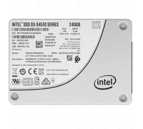 Твердотельный накопитель/ Intel SSD D3-S4510 Series, 240GB, 2.5" 7mm, SATA3, TLC, R/W 560/280MB/s, IOPs 90 000/16 000, TBW 900, DWPD 2 (12 мес.) Твердотельный накопитель/ Intel SSD D3-S4510 Series, 240GB, 2.5" 7mm, SATA3, TLC, R/W 560/280MB/s, IOPs 90 000/16 000, TBW 900, DWPD 2 (12 мес.)