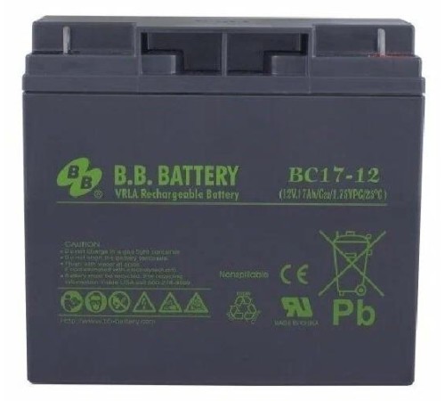 Батарея B.B. Battery серия BC, BC17-12, напряжение 12В, емкость 17Ач (разряд 20 часов), макс. ток разряда (5 сек.) 255А, макс. ток заряда 5.1A, свинцово-кислотная типа AGM, клеммы B1, ДxШxВ 181x76x166мм., вес 5.62кг., срок службы 5-7 лет/ B.B. Battery ser Батарея B.B. Battery серия BC, BC17-12, напряжение 12В, емкость 17Ач (разряд 20 часов), макс. ток разряда (5 сек.) 255А, макс. ток заряда 5.1A, свинцово-кислотная типа AGM, клеммы B1, ДxШxВ 181x76x166мм., вес 5.62кг., срок службы 5-7 лет/ B.B. Battery ser