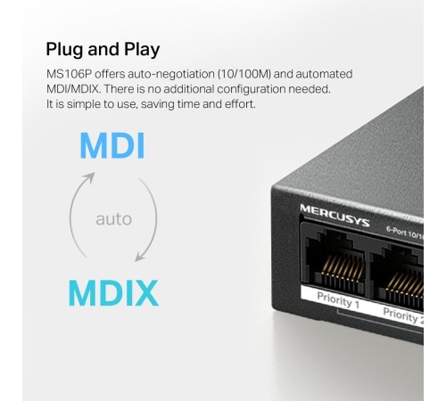 Коммутатор/ 6-Port 10/100Mbps Desktop Switch with 4-Port PoE+ Коммутатор/ 6-Port 10/100Mbps Desktop Switch with 4-Port PoE+