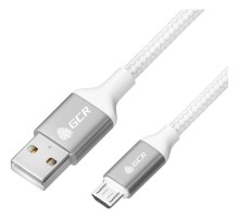 GCR QC Кабель 1.5m MicroUSB, быстрая зарядка, белый нейлон, AL корпус серебро, белый ПВХ, 28/24 AWG, GCR-52469