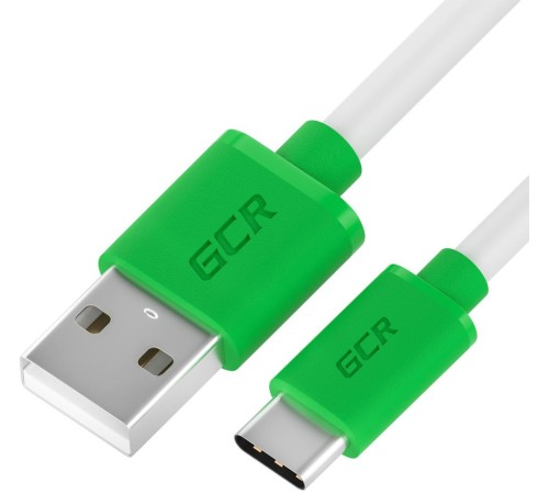 GCR QC Кабель 1.0m, TypeC, быстрая зарядка, белый TPE, зеленые коннекторы, 28/22 AWG, GCR-52719