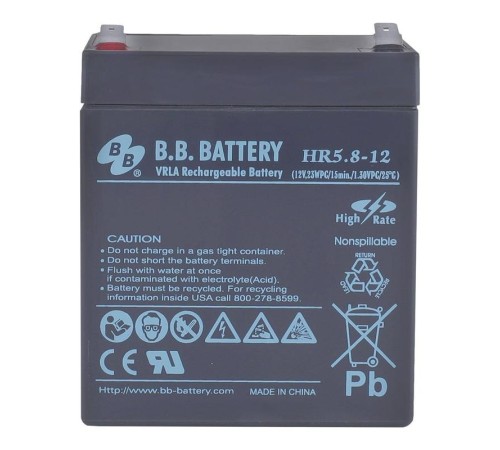 Батарея B.B. Battery серия HR, HR5.8-12, напряжение 12В, емкость 5.8Ач (разряд 20 часов), емкость 5.3Ач (разряд 10 часов), макс. ток разряда (5 сек.) 79.5А, макс. ток заряда 1.59A, свинцово-кислотная типа AGM, клеммы Т2, ДxШxВ 90x70x106мм., вес 1.88кг., Батарея B.B. Battery серия HR, HR5.8-12, напряжение 12В, емкость 5.8Ач (разряд 20 часов), емкость 5.3Ач (разряд 10 часов), макс. ток разряда (5 сек.) 79.5А, макс. ток заряда 1.59A, свинцово-кислотная типа AGM, клеммы Т2, ДxШxВ 90x70x106мм., вес 1.88кг.,