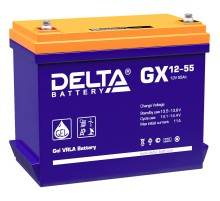 Батарея DELTA серия GX, GX 12-55, напряжение 12В, емкость 55Ач (разряд 20 часов),  макс. ток разряда (5 сек.) 550А, макс. ток заряда 10.9А, свинцово-кислотная типа GEL, клеммы под болт М6, ДxШxВ 239х132х205мм., вес 17.3кг., срок службы 15 лет./ Battery DE