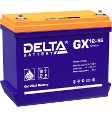 Батарея DELTA серия GX, GX 12-55, напряжение 12В, емкость 55Ач (разряд 20 часов),  макс. ток разряда (5 сек.) 550А, макс. ток заряда 10.9А, свинцово-кислотная типа GEL, клеммы под болт М6, ДxШxВ 239х132х205мм., вес 17.3кг., срок службы 15 лет./ Battery DE