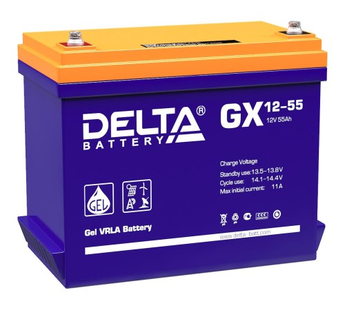 Батарея DELTA серия GX, GX 12-55, напряжение 12В, емкость 55Ач (разряд 20 часов), макс. ток разряда (5 сек.) 550А, макс. ток заряда 10.9А, свинцово-кислотная типа GEL, клеммы под болт М6, ДxШxВ 239х132х205мм., вес 17.3кг., срок службы 15 лет./ Battery DE Батарея DELTA серия GX, GX 12-55, напряжение 12В, емкость 55Ач (разряд 20 часов), макс. ток разряда (5 сек.) 550А, макс. ток заряда 10.9А, свинцово-кислотная типа GEL, клеммы под болт М6, ДxШxВ 239х132х205мм., вес 17.3кг., срок службы 15 лет./ Battery DE