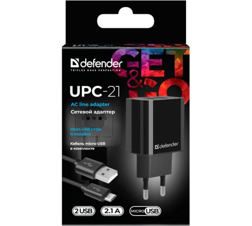 Defender Сетевой адаптер UPC-21 2xUSB,5V/2.1А кабель microUSB