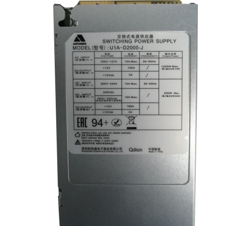 Блок питания серверный/ Server power supply Qdion Model U1A-D2000-J P/N:99MAD12000I1170113 CRPS 1U Module 2000W Efficiency 94+, Gold Finger (option), Cable connector: C14 Блок питания серверный/ Server power supply Qdion Model U1A-D2000-J P/N:99MAD12000I1170113 CRPS 1U Module 2000W Efficiency 94+, Gold Finger (option), Cable connector: C14