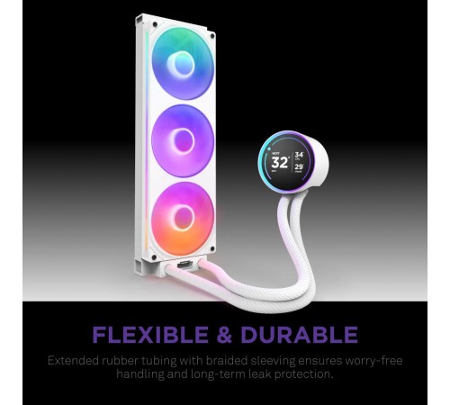 Система жидкостного охлаждения для ПК/ Water Cooling System NZXT Kraken Elite 420 RGB (350W, 420mm, LED temp., White/ Fans: 3x140mm, 98.61CFM, 34.5dBA, 2000RPM/ Pump height 65mm, 2800RPM, Rad thickness 27mm/ S: 1851, 1700, 1200, 115X, AM5, AM4)