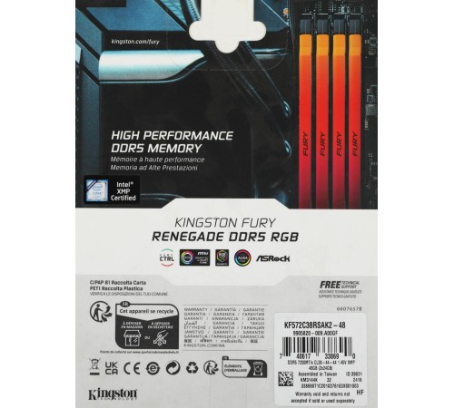 Память оперативная/ Kingston 32GB 7600MT/s DDR5 CL38 DIMM (Kit of 2) FURY Renegade RGB XMP Память оперативная/ Kingston 32GB 7600MT/s DDR5 CL38 DIMM (Kit of 2) FURY Renegade RGB XMP