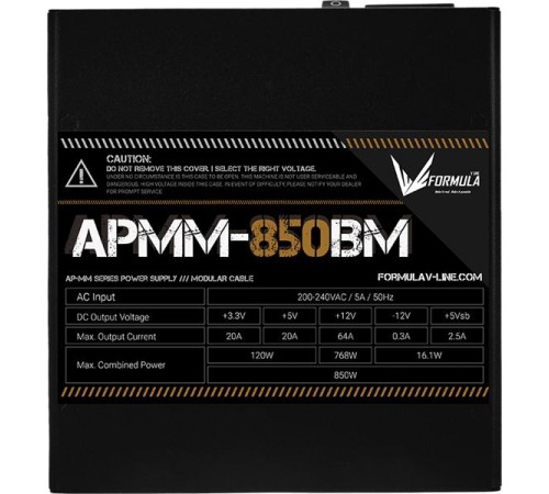 Блок питания Formula V Line APMM-850BM, 850W, ATX3.1/PCIe5.1, APFC, 80+ Bronze, 12cm Fan, Full Modular Блок питания Formula V Line APMM-850BM, 850W, ATX3.1/PCIe5.1, APFC, 80+ Bronze, 12cm Fan, Full Modular