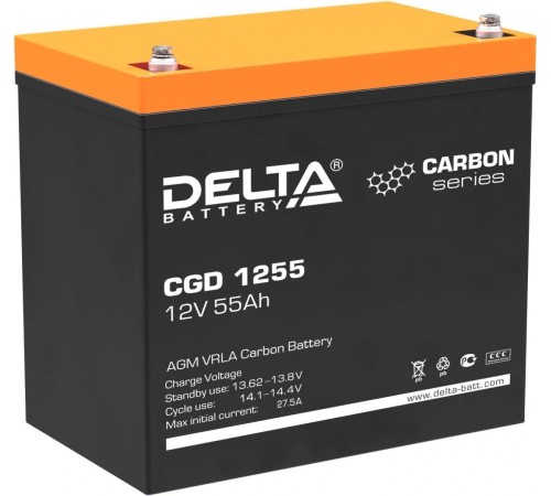 Батарея DELTA серия CGD, CGD 1255, напряжение 12В, емкость 55Ач (разряд 10 часов),  макс. ток разряда (5 сек.) 660А, макс. ток заряда 27.5А, графеновая свинцово-кислотная типа AGM, клеммы под болт М6, ДxШxВ 230х138х205мм., вес 18кг., срок службы 15 лет./
