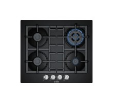 Встраиваемая газовая панель BOSCH Serie 4, газовая варочная панель, 60см, закаленное стекло, черный, 4 конфорки, 1 конфорка WOK c 2 контурами пламени, индивидуальные чугунные решетки, газ-контроль, автоматический электроподжиг, сделано в Испании