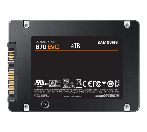Твердотельный накопитель/ Samsung SSD 870 EVO, 4000GB, 2.5" 7mm, SATA3, 3-bit MLC, R/W 560/530MB/s, IOPs 98 000/88 000, DRAM buffer 4096MB, TBW 2400, DWPD 0.33 (12 мес.) Твердотельный накопитель/ Samsung SSD 870 EVO, 4000GB, 2.5" 7mm, SATA3, 3-bit MLC, R/W 560/530MB/s, IOPs 98 000/88 000, DRAM buffer 4096MB, TBW 2400, DWPD 0.33 (12 мес.)
