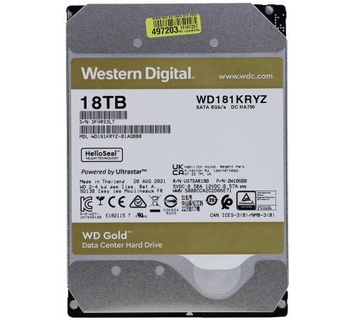 Жесткий диск/ HDD WD SATA3 18Tb Gold 7200 512mb  1 year warranty