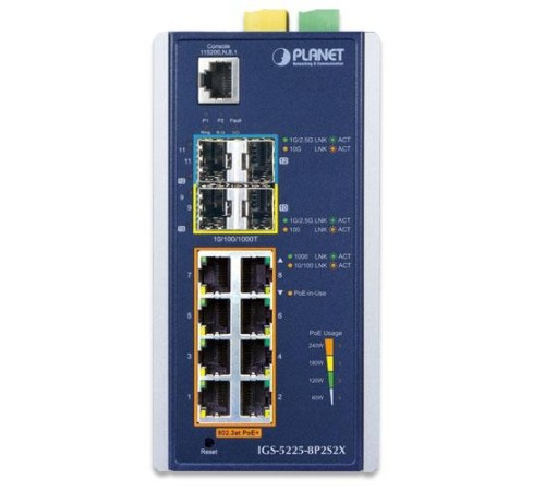 коммутатор/ PLANET IP30 Industrial L2+/L4 8-Port 1000T 802.3at PoE+ 2-port 100/1000X SFP + 2-port 10G SFP+ Full Managed Switch (-40 to 75 C, dual redundant power input on 48~56VDC terminal block, DIDO)