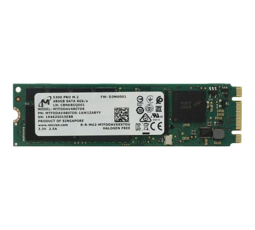 Твердотельный накопитель/ Micron SSD 5300 PRO, 480GB, M.2(22x80mm), SATA3, 3D TLC, R/W 540/410MB/s, IOPs 85 000/36 000, TBW 1324, DWPD 1.5 (12 мес.)