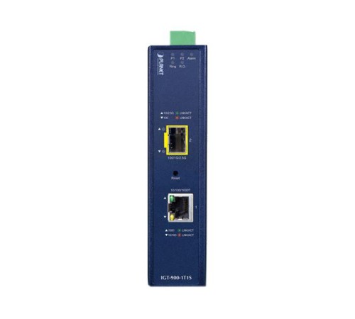 медиа конвертер/ PLANET IGT-900-1T1S IP30 Industrial 1-Port 10/100/1000T + 1-Port 100/1000/2500X SFP Full Managed Media Converter (-40 to 75 C, dual redundant power input on 9~48VDC terminal block, ERPS Ring, 1588, Modbus TCP, Cybersecurity features, IPv4 медиа конвертер/ PLANET IGT-900-1T1S IP30 Industrial 1-Port 10/100/1000T + 1-Port 100/1000/2500X SFP Full Managed Media Converter (-40 to 75 C, dual redundant power input on 9~48VDC terminal block, ERPS Ring, 1588, Modbus TCP, Cybersecurity features, IPv4