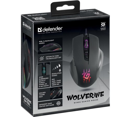 Defender Проводная игровая мышь Wolverine GM-700L RGB,7кнопок,12800dpi