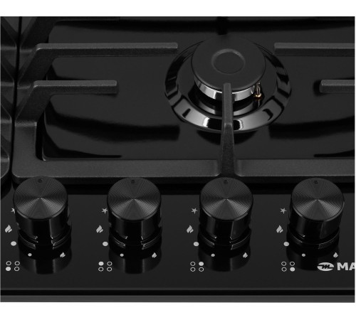 Встраиваемые газовые панели MAUNFELD/ Варочная панель, газ, 60 см, механическое управление, 4 конфорки, электроподжиг, газ-контроль, WOK-конфорка, черный