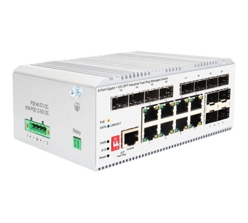 Коммутатор/ Managed L2 Industrial Fast Ring Switch 8x1000Base-T PoE, 12x1000Base-X SFP, PoE Budget 185W, Surge 4KV, -40 to 75°C