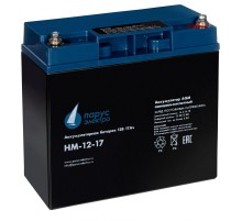 Батарея Парус Электро, стандартная серия HM-12-17, напряжение 12В, емкость 17Ач (разряд 20 часов), макс. ток разряда (5сек) 225А, макс. ток заряда 6.8А, свинцово-кислотная типа AGM, клеммы под болт М5, ДхШхВ 181х77х167мм., полная высота с клеммами 167мм.,
