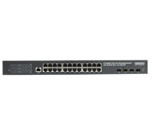 PoE Коммутатор OSNOVO SW-24G4X-1L Управляемый L3 PoE коммутатор на 24xGE RJ-45 c PoE + 4х10G SFP+ порта. Порты: 2 x GE (10/100/1000 Base-T) с PoE (до 90W, A+B) + 22 x GE (10/100/1000 Base-T)  с PoE (до 30W), 4 x 1G/