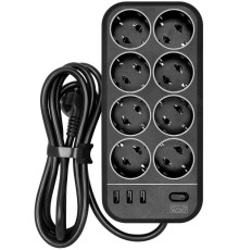 Фильтр-удлинитель PowerCom SP-08 USB03AB 1.8M, 8 розеток, черный, 16А, 4кВт, 175Дж, 3*USB, защитные шторки, защита от КЗ, перегрузки, ВЧ и импульсных помех, кабель 3x1 мм2, ШхГхВ 230х105х45 мм, вес 0.55 кг./ Surge protector PowerCom SP-08 USB03AB 1.8M, 8