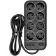 Фильтр-удлинитель PowerCom SP-08 USB03AB 1.8M, 8 розеток, черный, 16А, 4кВт, 175Дж, 3*USB, защитные шторки, защита от КЗ, перегрузки, ВЧ и импульсных помех, кабель 3x1 мм2, ШхГхВ 230х105х45 мм, вес 0.55 кг./ Surge protector PowerCom SP-08 USB03AB 1.8M, 8