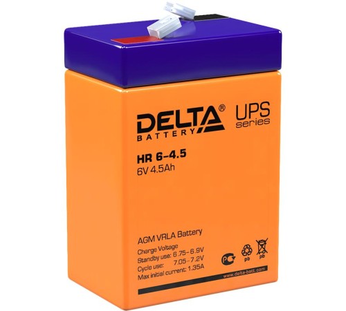 Батарея DELTA серия HR, HR 6-4.5, напряжение 6В, емкость 4.5Ач (разряд 20 часов), макс. ток разряда (5 сек.) 67.5А, макс. ток заряда 1.35А, свинцово-кислотная типа AGM, клеммы F1, ДxШxВ 70х47х101мм., вес 0.85кг., срок службы 8 лет./ Battery DELTA series Батарея DELTA серия HR, HR 6-4.5, напряжение 6В, емкость 4.5Ач (разряд 20 часов), макс. ток разряда (5 сек.) 67.5А, макс. ток заряда 1.35А, свинцово-кислотная типа AGM, клеммы F1, ДxШxВ 70х47х101мм., вес 0.85кг., срок службы 8 лет./ Battery DELTA series