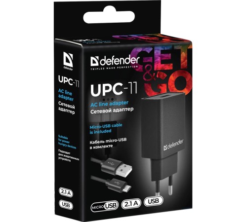 Defender Сетевой адаптер UPC-11 1xUSB,5V/2.1А,кабель micro-USB