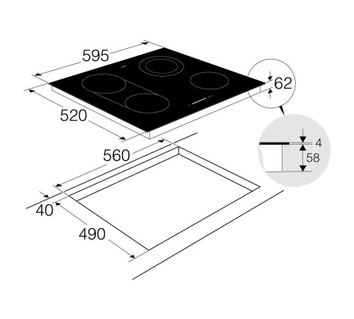 Встраиваемые электрические панели ASKO/ Арт. 732066 ПРОМО ; стеклокерамика, электрическая, 4.7 х 59.5 х 52, 4 конфорки, электронное управление, сенсорные переключатели, черный цвет