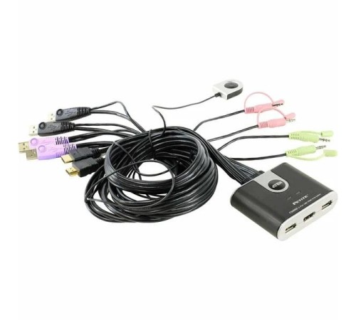 2-портовый KVM-переключатель со встроенными  KVM кабелями (1,2м), 1 user(HDMI(Female)+2xAudio(Female)+2xUSB(Тип А Female), KVM-порты:(HDMI(Male)+2xAudio(Male)+2xUSB(Тип A Male). Поддержка до (1920 x 1200) 1080p. Звук 2.1/ PETITE 2 PORT USB2.0 HDMI KVM SWI