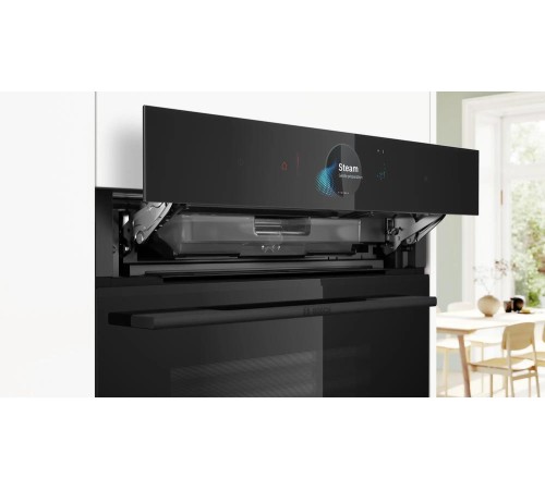 Встраиваемая электрическая духовка BOSCH Accent Line. Компактный духовой шкаф-пароварка, черный, 14 режимов + комбинированные режимы, функция приготовление на пару 100%, 4-слойное остекление, 3 цветных текстовых TFT-дисплея 2,5" с сенсорным управлени